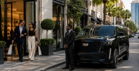Chauffeur waiting beside black Cadillac Escalade for hourly chauffeur service Houston River Oaks shopping