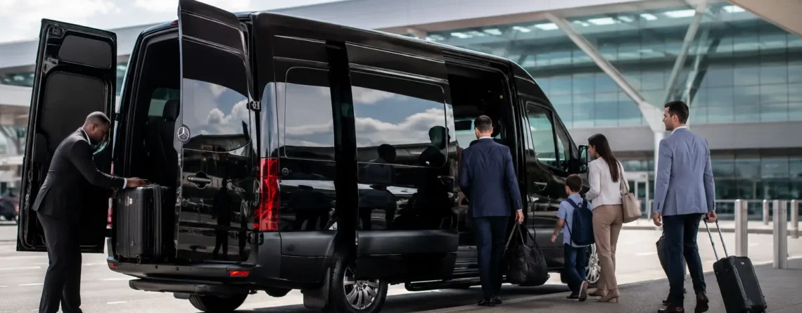 Chauffeur loading luggage into black Mercedes Sprinter van as family boards at Houston IAH airport