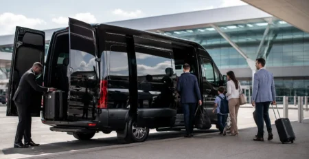 Chauffeur loading luggage into black Mercedes Sprinter van as family boards at Houston IAH airport