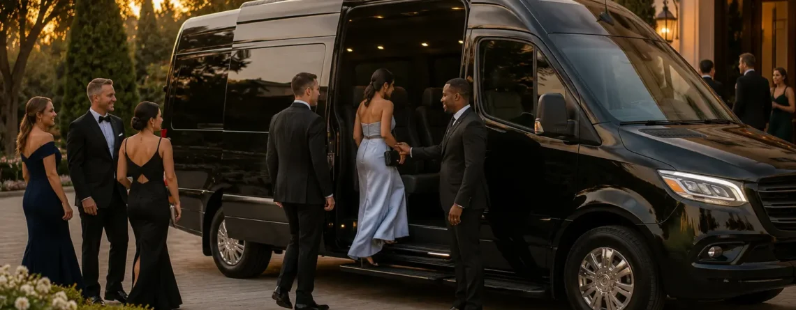 Wedding guests in formal attire boarding black Mercedes Sprinter van at Houston venue