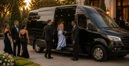 Wedding guests in formal attire boarding black Mercedes Sprinter van at Houston venue