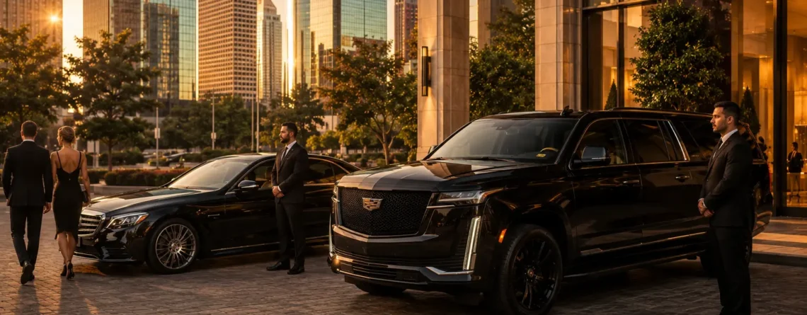 Luxury car service Houston chauffeurs with sedan and SUV at hotel pickup entrance