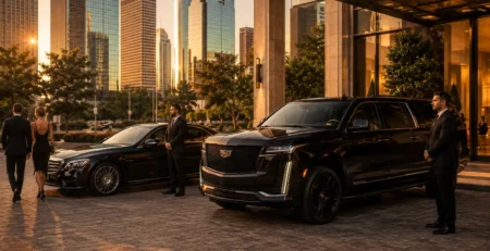 Luxury car service Houston chauffeurs with sedan and SUV at hotel pickup entrance