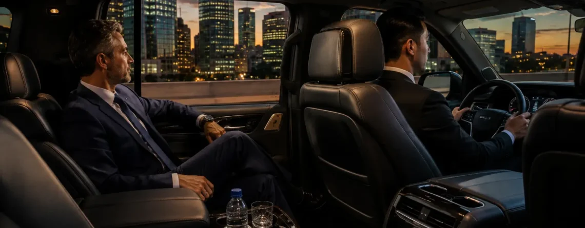 Luxury chauffeur service Houston client relaxing in SUV interior with Houston skyline view