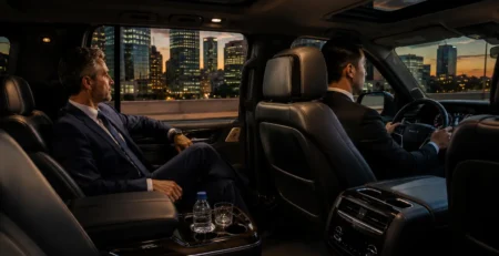 Luxury chauffeur service Houston client relaxing in SUV interior with Houston skyline view