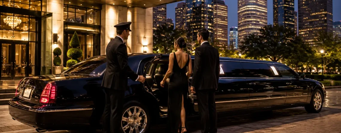 Houston TX Luxury Limousine chauffeur opening door for couple at hotel with Houston skyline