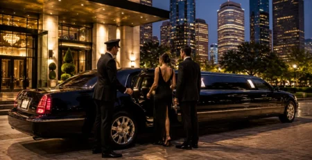 Houston TX Luxury Limousine chauffeur opening door for couple at hotel with Houston skyline